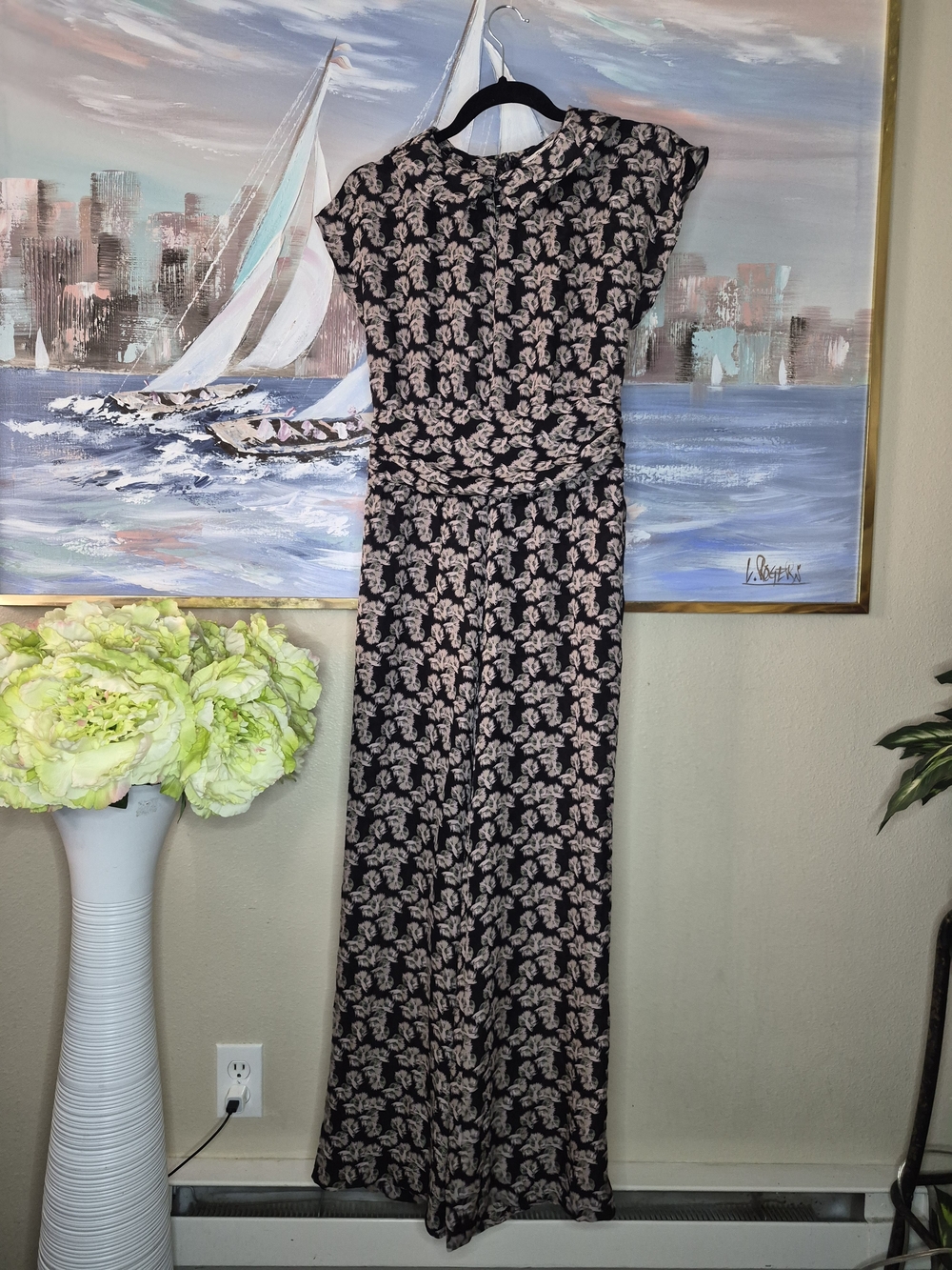 Tucker 100% Silk Black Jumpsuit with Beige Floral Print